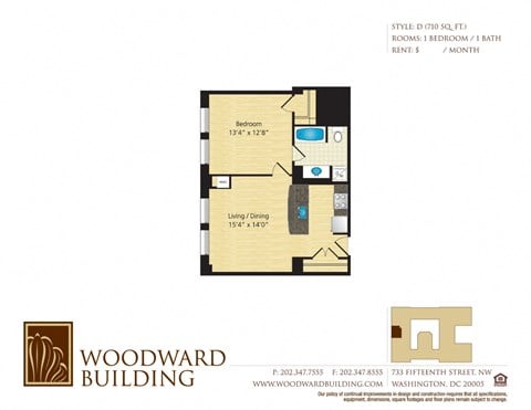 Floor plan for 1 bed, 1 bath, 710 sqft